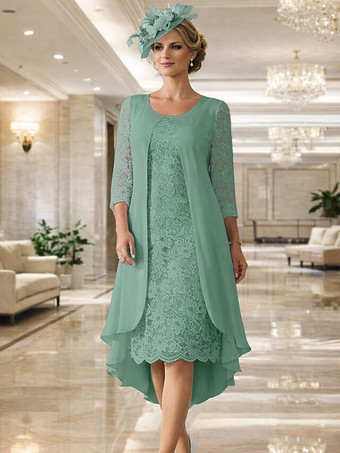 セージグリーン2ピース マザーズドレス ジュエルネック 3/4丈袖 Aライン レース ウェディングゲストドレス