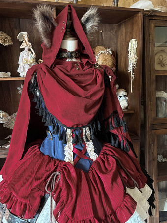 Cape gothique rouge à capuche avec oreilles de loup style Lolita