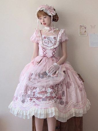 Robe Sweet Lolita rose à manches courtes en polyester