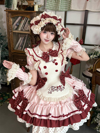 Robe Lolita Sweet Strawberry Maid OP rose et rouge à volants étagés et manches courtes / Date limite de précommande : 29/04