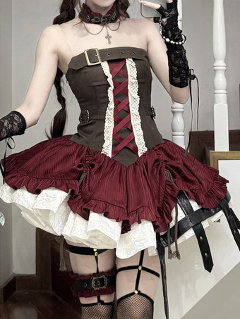 Robe Lolita gothique steampunk JSK à lacets et volants sans manches