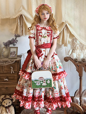 Sweet Lolita Red Lace Up Short Sleeves Dress Classic Fruit Pattern Dress With Headwear