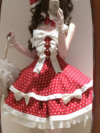 Robe Sweet Lolita JSK à pois rouges et blancs sans manches avec nœuds / Date limite de précommande : 14/04
