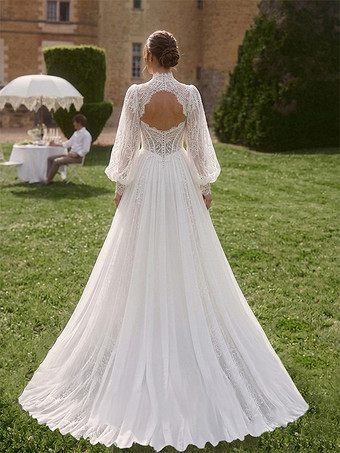 ツーピース ボヘミアン ウェディングドレス レースデザインのネックライン Aライン トレーン付き 機能的なボタン 長袖 ロング