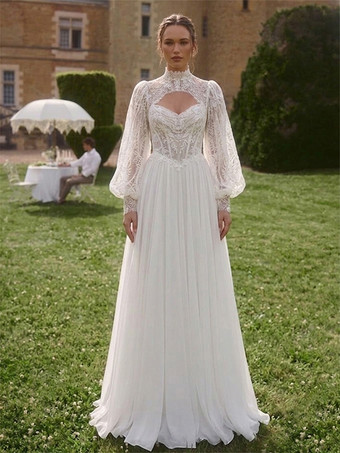 ツーピース ボヘミアン ウェディングドレス レースデザインのネックライン Aライン トレーン付き 機能的なボタン 長袖 ロング