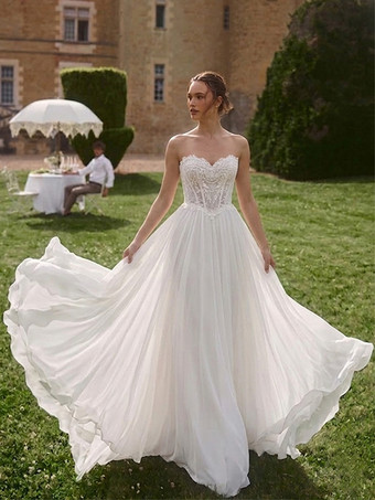 ツーピース ボヘミアン ウェディングドレス レースデザインのネックライン Aライン トレーン付き 機能的なボタン 長袖 ロング