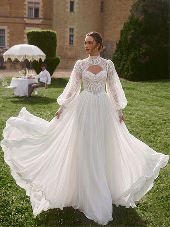 ツーピース ボヘミアン ウェディングドレス レースデザインのネックライン Aライン トレーン付き 機能的なボタン 長袖 ロング