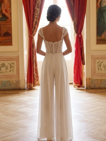 ブライダルジャンプスーツ レースアップリケ フロア丈ジャンプスーツ デザインネックライン 半袖 ナチュラルウエスト アイボリー