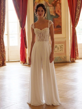 ブライダルジャンプスーツ レースアップリケ フロア丈ジャンプスーツ デザインネックライン 半袖 ナチュラルウエスト アイボリー