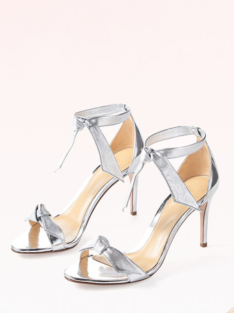 シルバー レディース プロムシューズ メタリック オープントゥ ノット ハイヒールサンダル