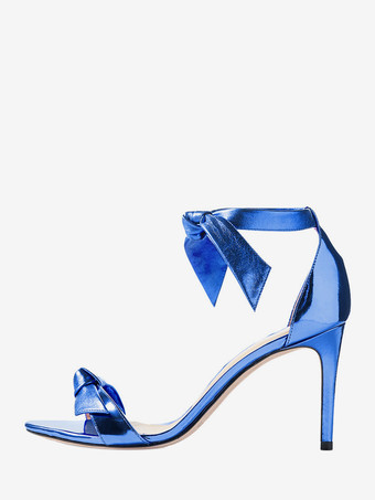 ブルー レディース プロムシューズ メタリック オープントゥ ノット ハイヒールサンダル