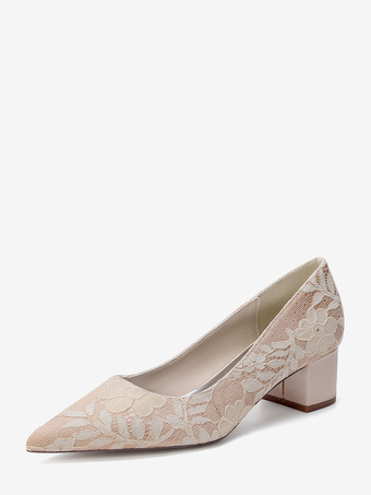 シャンパンカラーレースのウェディングシューズ レディース ポインテッドトゥ スリッポン チャンキーヒール パンプス