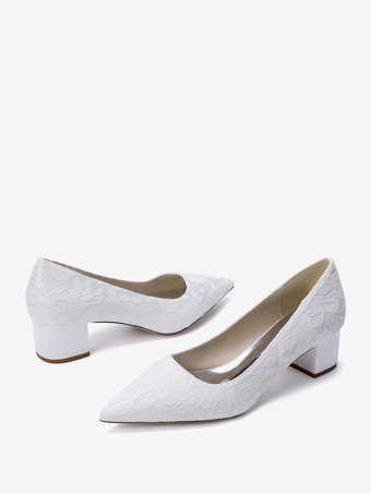 レースのウェディングシューズ レディース ポインテッドトゥ スリッポン チャンキーヒール パンプス