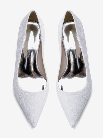 レースのウェディングシューズ レディース ポインテッドトゥ スリッポン チャンキーヒール パンプス