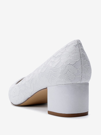 レースのウェディングシューズ レディース ポインテッドトゥ スリッポン チャンキーヒール パンプス