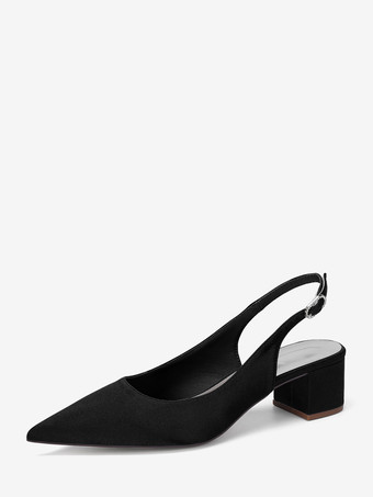 ブラック サテンのウェディングシューズ、チャンキーヒール、ポインテッドトゥ、スリングバックパンプス
