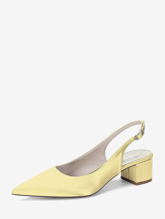 イエローサテンのウェディングシューズ、チャンキーヒール、ポインテッドトゥ、スリングバックパンプス