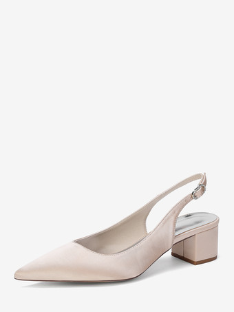 シャンパンカラーサテンのウェディングシューズ、チャンキーヒール、ポインテッドトゥ、スリングバックパンプス