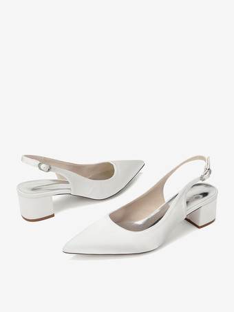 サテンのウェディングシューズ、チャンキーヒール、ポインテッドトゥ、スリングバックパンプス