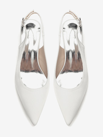 サテンのウェディングシューズ、チャンキーヒール、ポインテッドトゥ、スリングバックパンプス