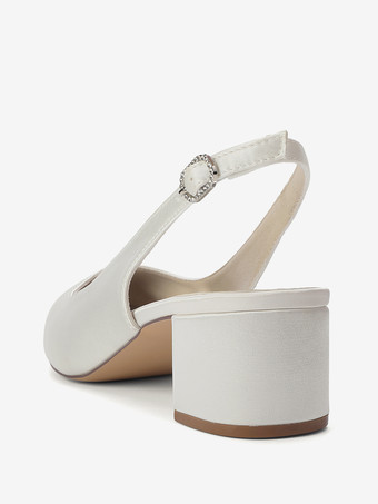 サテンのウェディングシューズ、チャンキーヒール、ポインテッドトゥ、スリングバックパンプス