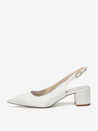 サテンのウェディングシューズ、チャンキーヒール、ポインテッドトゥ、スリングバックパンプス