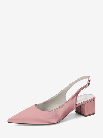 サーモンピンクサテンのウェディングシューズ、チャンキーヒール、ポインテッドトゥ、スリングバックパンプス