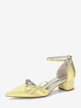 イエローチャンキーヒールのブライダルシューズ、サテンのポインテッドトゥ、ラインストーン、リボン、アンクルストラップ付きウェディングシューズ