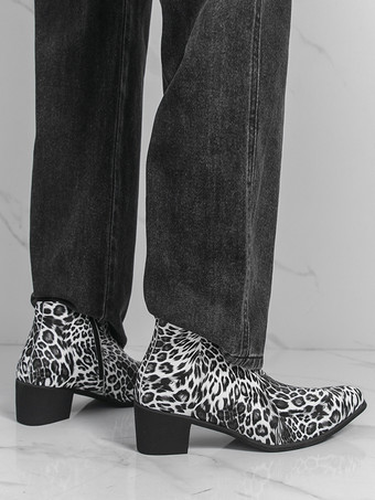 メンズ アンクルブーツ レオパード柄 ラウンドトゥ チャンキーヒール ブーティ