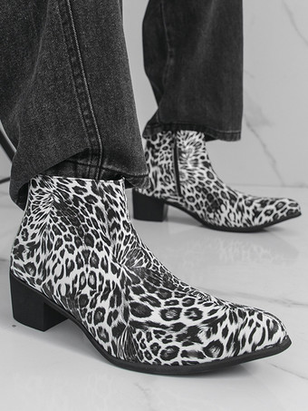 メンズ アンクルブーツ レオパード柄 ラウンドトゥ チャンキーヒール ブーティ