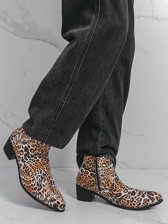 メンズ アンクルブーツ レオパード柄 ラウンドトゥ チャンキーヒール ブーティ