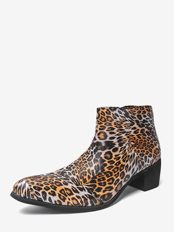 ブラウンメンズ アンクルブーツ レオパード柄 ラウンドトゥ チャンキーヒール ブーティ