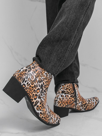メンズ アンクルブーツ レオパード柄 ラウンドトゥ チャンキーヒール ブーティ