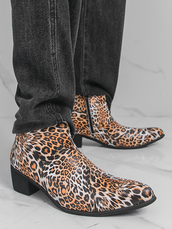 メンズ アンクルブーツ レオパード柄 ラウンドトゥ チャンキーヒール ブーティ