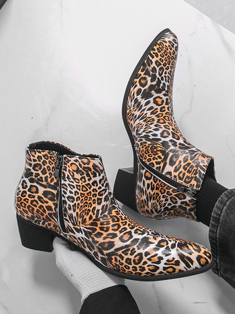 メンズ アンクルブーツ レオパード柄 ラウンドトゥ チャンキーヒール ブーティ