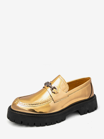 ゴールド ゴールド メンズ ローファー ラウンドトゥ メタルディテール スリッポン ドレスシューズ