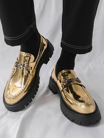 ゴールド メンズ ローファー ラウンドトゥ メタルディテール スリッポン ドレスシューズ