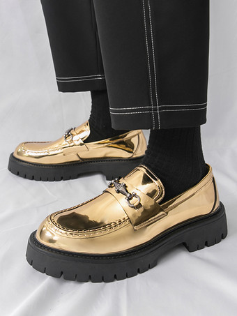 ゴールド メンズ ローファー ラウンドトゥ メタルディテール スリッポン ドレスシューズ