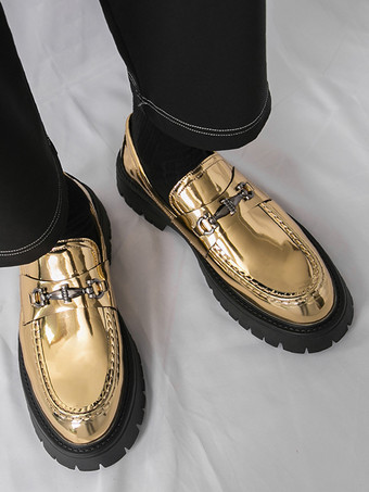 ゴールド メンズ ローファー ラウンドトゥ メタルディテール スリッポン ドレスシューズ