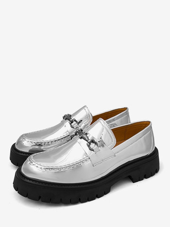 ゴールド メンズ ローファー ラウンドトゥ メタルディテール スリッポン ドレスシューズ