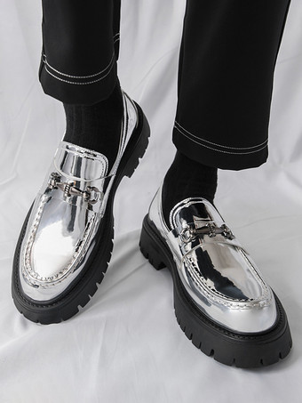 ゴールド メンズ ローファー ラウンドトゥ メタルディテール スリッポン ドレスシューズ