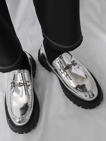 ゴールド メンズ ローファー ラウンドトゥ メタルディテール スリッポン ドレスシューズ