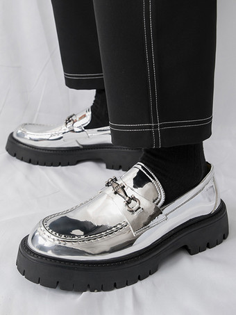 ゴールド メンズ ローファー ラウンドトゥ メタルディテール スリッポン ドレスシューズ