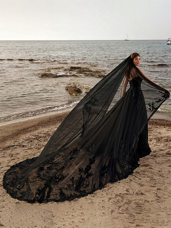 黒のウェディングドレス レース Aライン ノースリーブ ナチュラルウエスト アップリケ トレーン付き ブライダルガウン