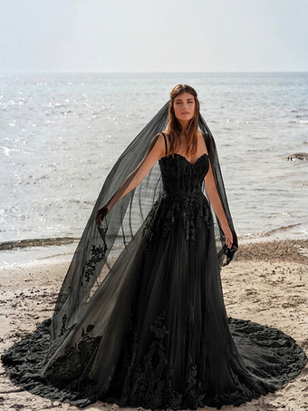 黒のウェディングドレス レース Aライン ノースリーブ ナチュラルウエスト アップリケ トレーン付き ブライダルガウン