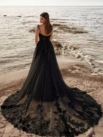 black beach wedding dress A-line Black Tulle Lace Beach Unique Vintage Wedding Dresses, Bridal G bridalsew