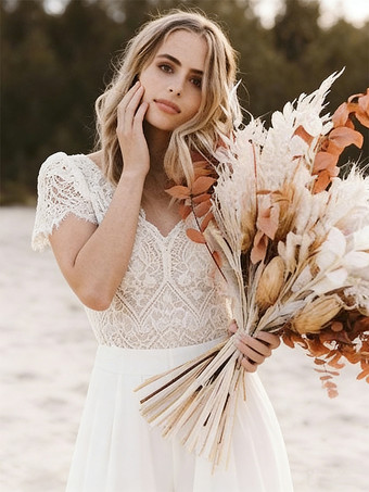 ブライダルジャンプスーツ シフォン カットアウト フロア丈ジャンプスーツ Vネック 半袖 ナチュラルウエスト アイボリー