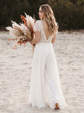 ブライダルジャンプスーツ シフォン カットアウト フロア丈ジャンプスーツ Vネック 半袖 ナチュラルウエスト アイボリー