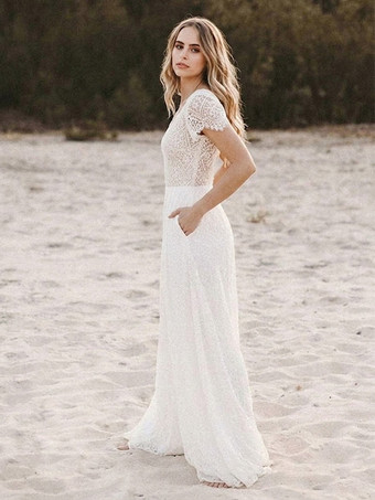 ブライダルジャンプスーツ シフォン カットアウト フロア丈ジャンプスーツ Vネック 半袖 ナチュラルウエスト アイボリー