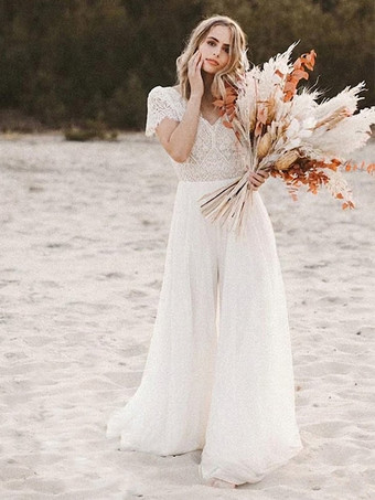 ブライダルジャンプスーツ シフォン カットアウト フロア丈ジャンプスーツ Vネック 半袖 ナチュラルウエスト アイボリー